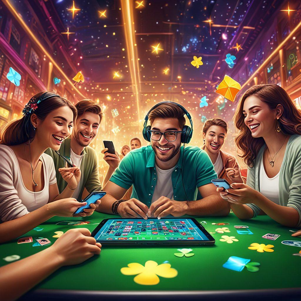 A colorful and dynamic illustration of a diverse group of people joyfully engaging with various online betting games on their devices, surrounded by symbols of luck like four-leaf clovers and stars. Bright lights and a festive atmosphere creating an uplifting vibe, with elements of technology and gaming interwoven. super-realistic. vibrant colors. lively background.