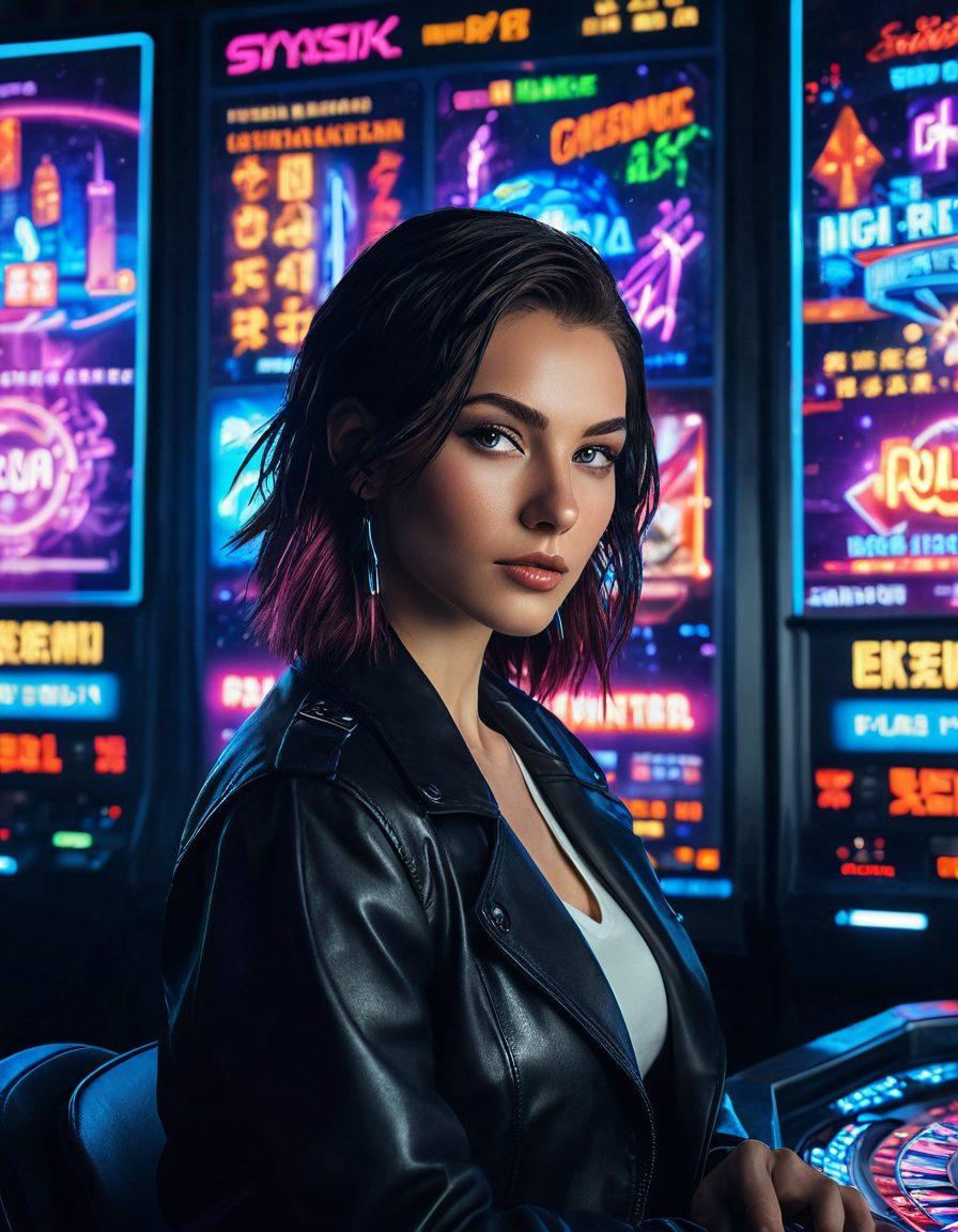 An electrifying scene depicting a virtual betting interface on a sleek digital screen, surrounded by neon lights and animated elements like dice and spinning roulette wheels. Include a diverse group of excited players with expressions of thrill and anticipation, immersed in the moment. The background can feature a futuristic cityscape, emphasizing the high stakes atmosphere. vibrant colors. cyberpunk.