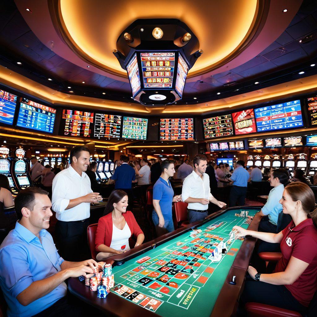 A dynamic scene showcasing a lively sports betting environment with excited bettors analyzing statistics on large screens, surrounded by colorful casino games like roulette and poker. Include a vibrant atmosphere with cheers and celebrating people, as well as iconic symbols of betting such as cards and dice in the background. Emphasize the thrill of winning and an inviting ambiance. super-realistic. vibrant colors. soft-focus.